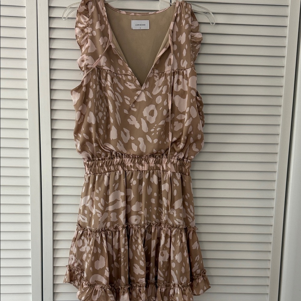 Adrienne Tan and Cream Ruffle Mini Dress tie front